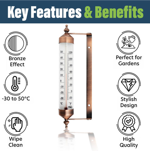 Thermometer World wall-mount garden thermometer provides easy ambient checks.