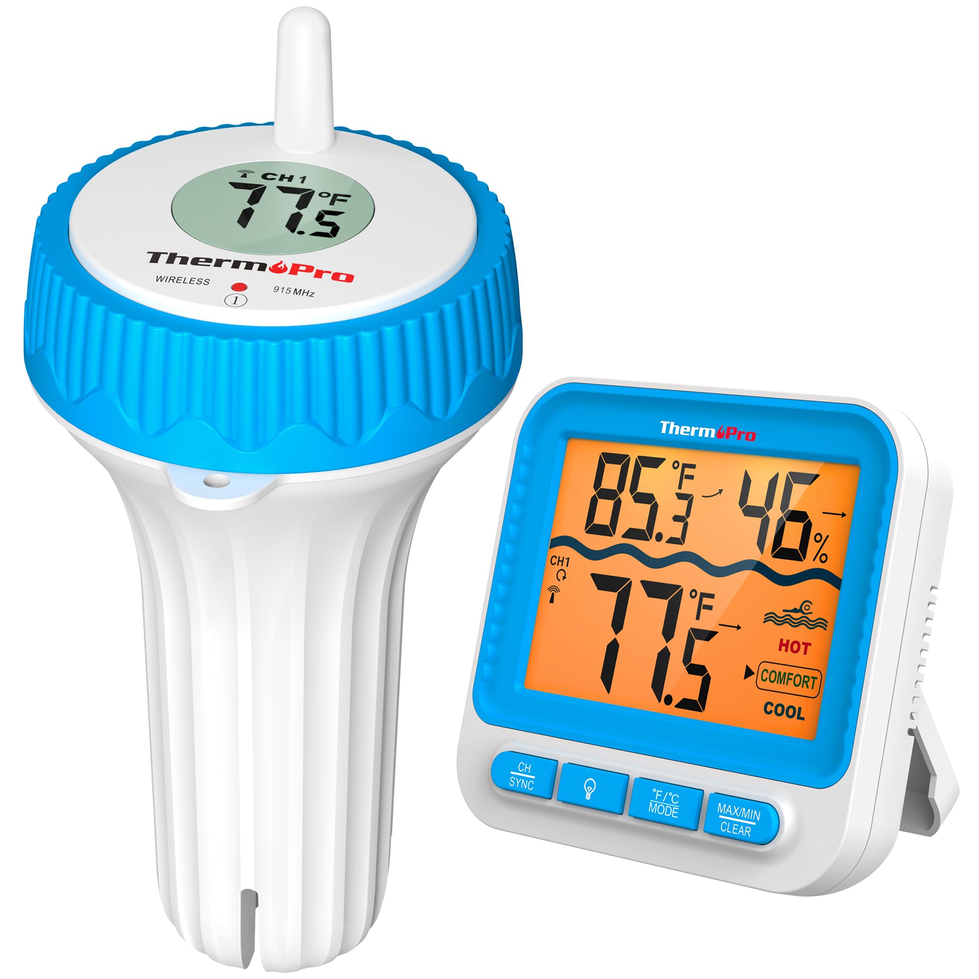 ThermoPro floating pool thermometer with clear readings for outdoor pools.