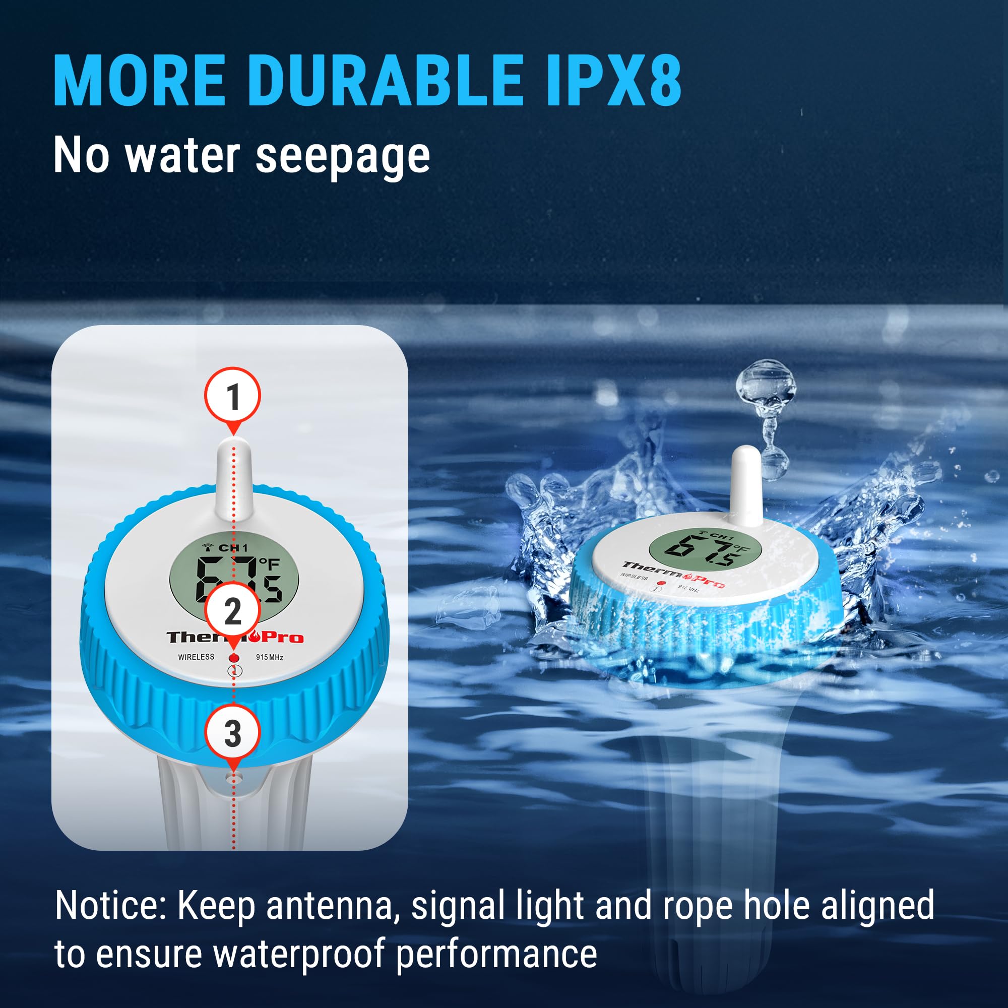 ThermoPro IPX8 waterproof sensor withstands pool water and rain.