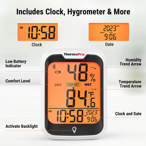Backlit LCD shows time, day, and comfort level.