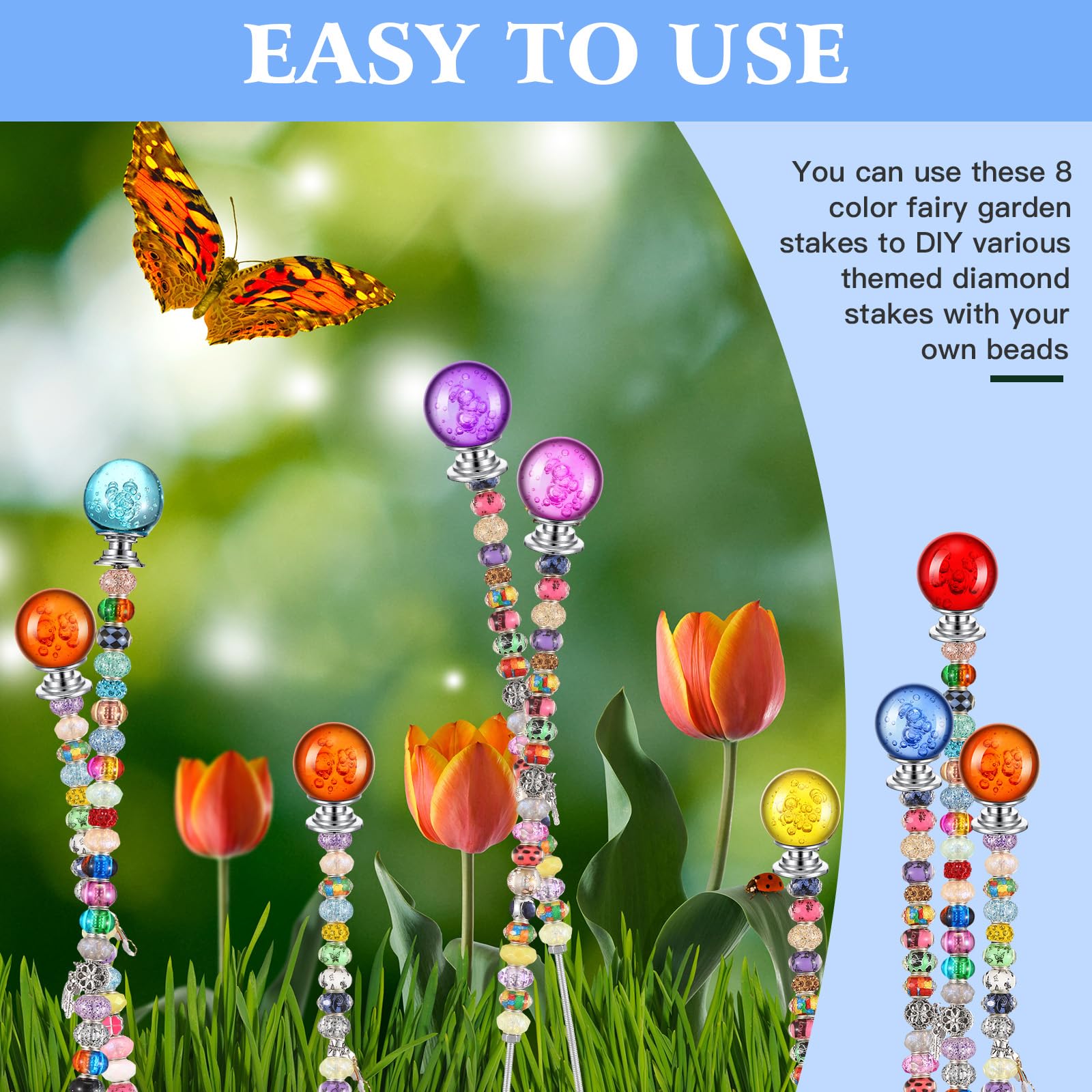Therwen assembled beaded garden stake displayed in an outdoor garden setting.
