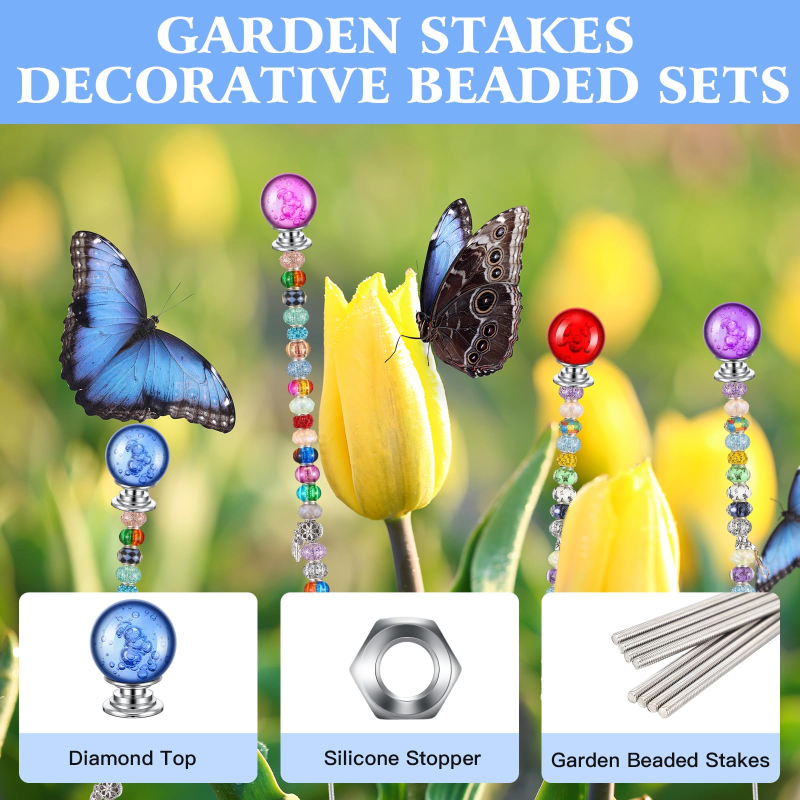 Therwen diamond stopper tops in eight colors for vivid beaded stake accents.