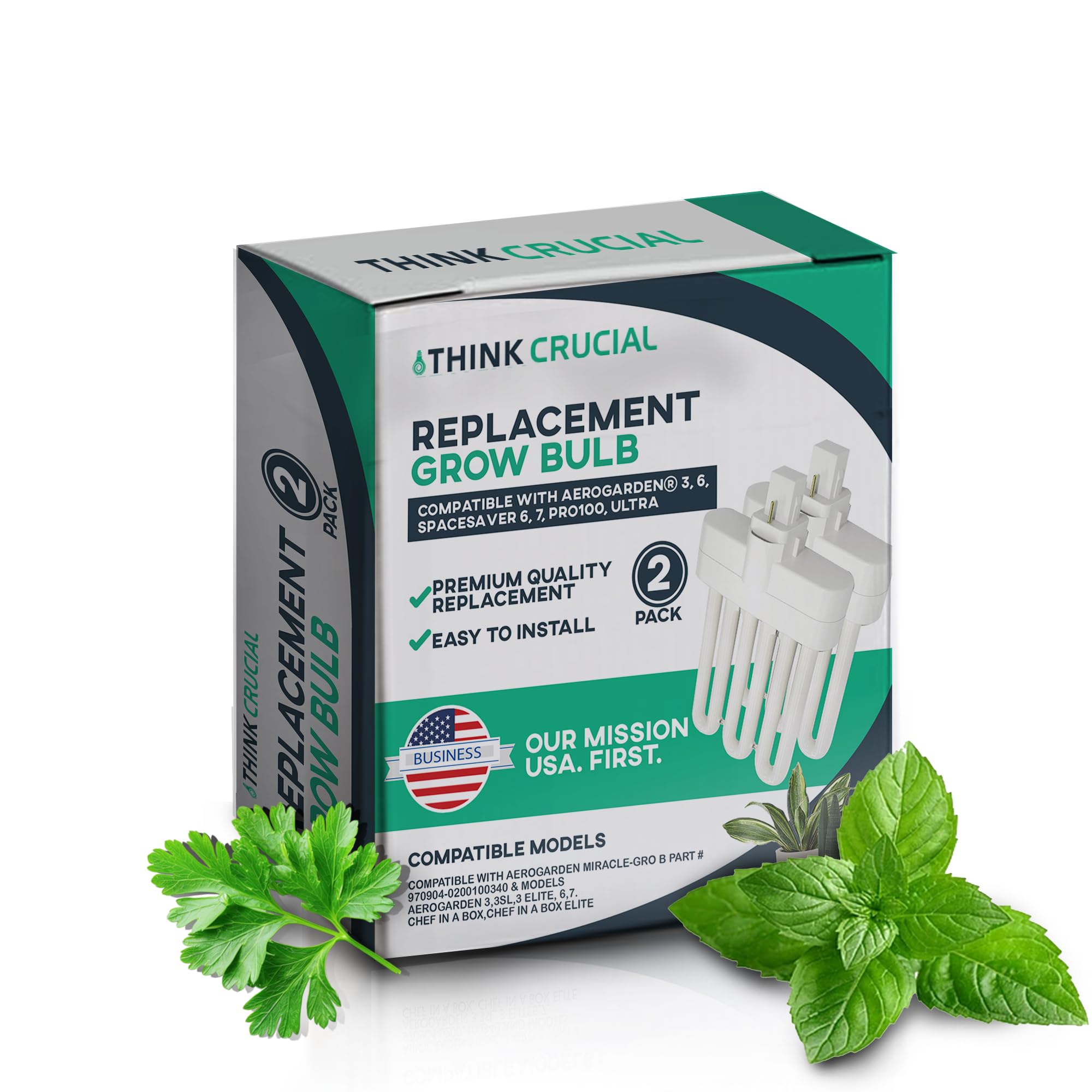 Think Crucial 2-pack grow bulbs fit AeroGarden for easy plug-and-play setup.
