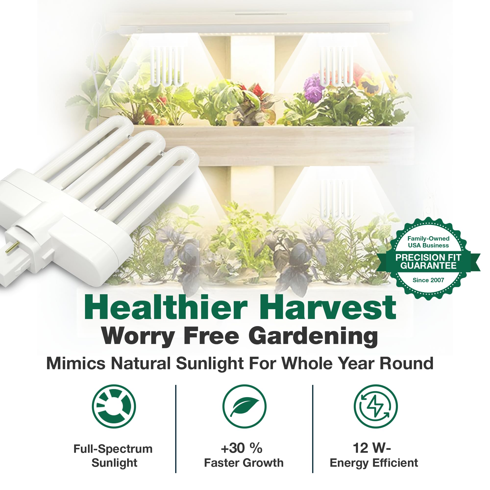 Think Crucial fluorescent bulb mimics sunlight for healthier indoor plant growth.