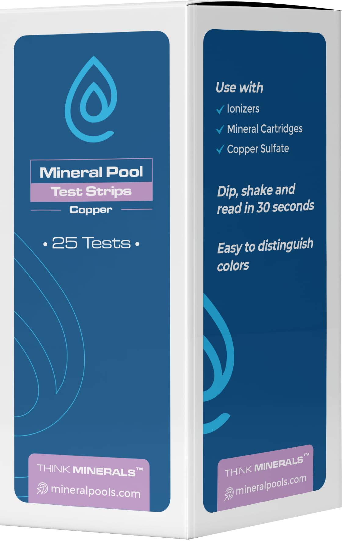 Think Minerals copper test strips packaging; easy to store and use for pool care.