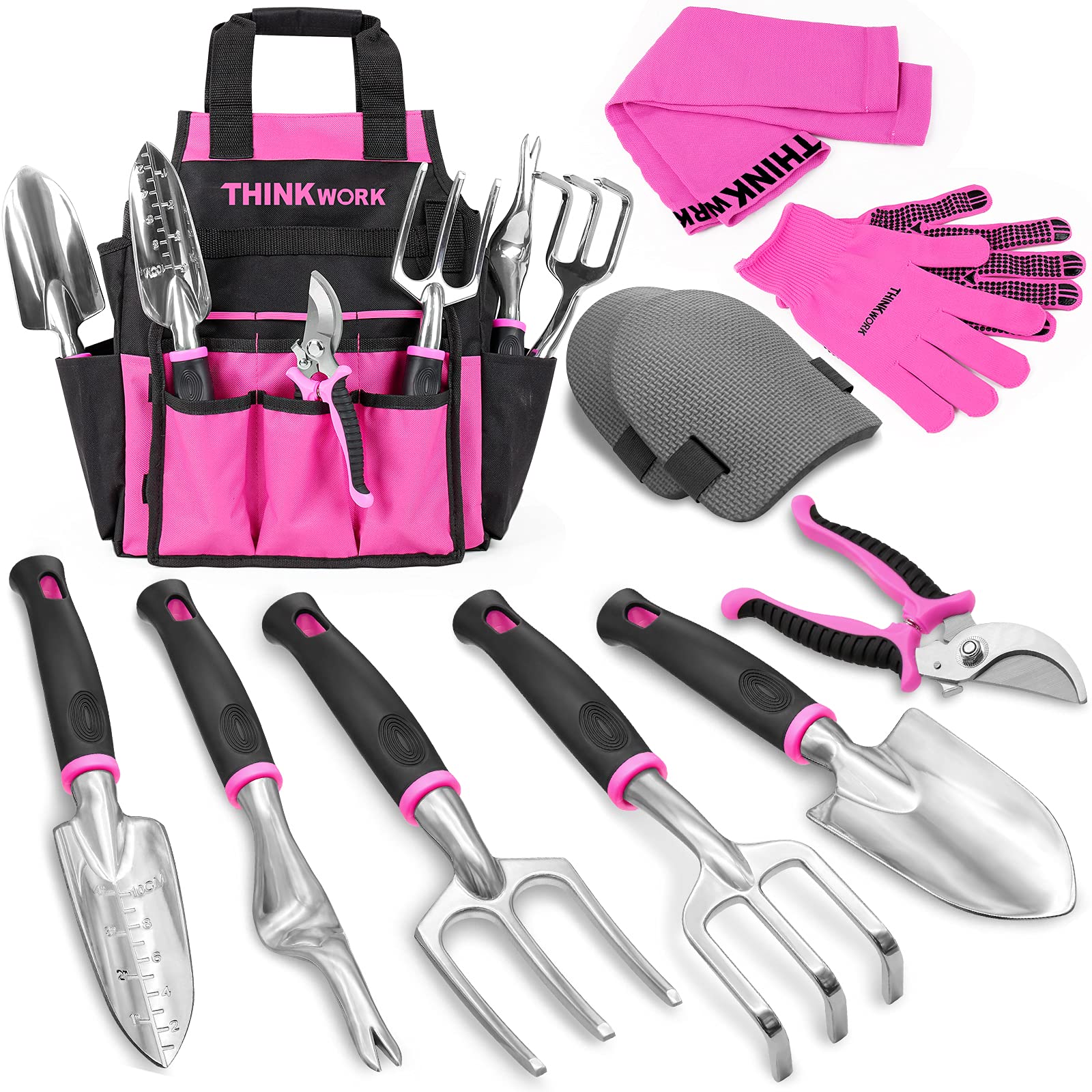 THINKWORK Pink Garden Tools bag open showing tools for easy organization