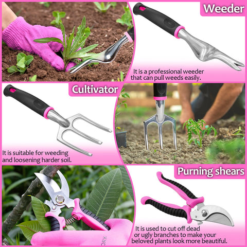THINKWORK Pink Garden Tools cultivator and pruning shears for soil work