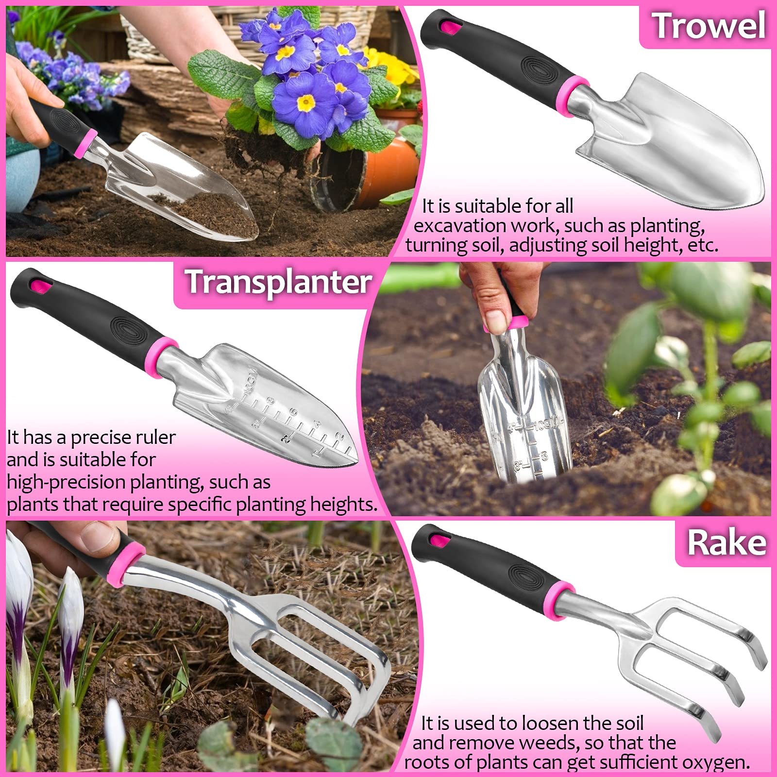 THINKWORK Pink Garden Tools rake and weeder in use in a flower bed