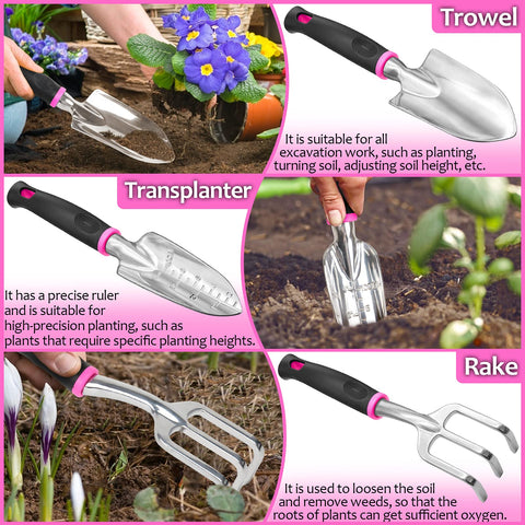 THINKWORK Pink Garden Tools rake and weeder in use in a flower bed