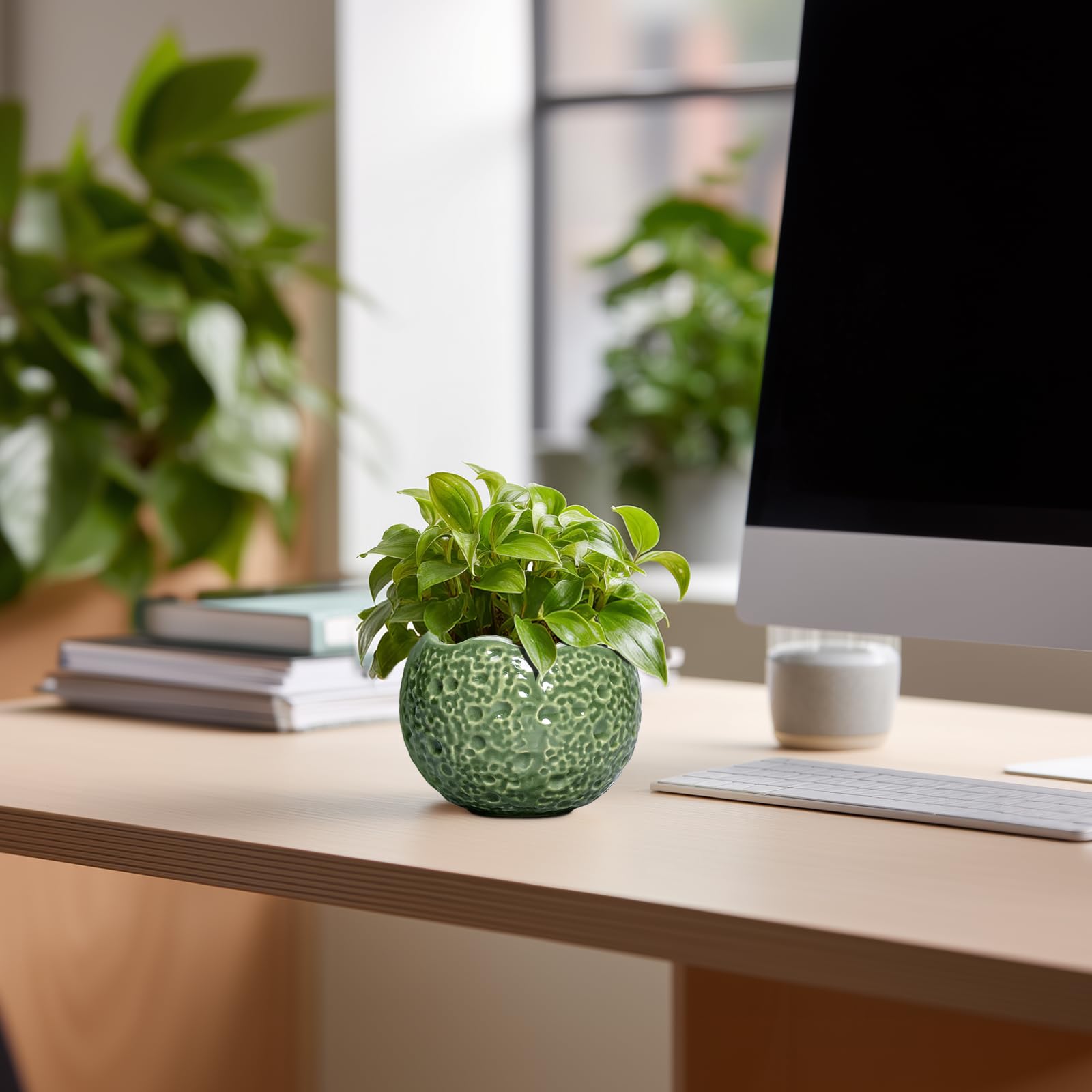 Thirtypot green glazed round planter adds modern style and drainage