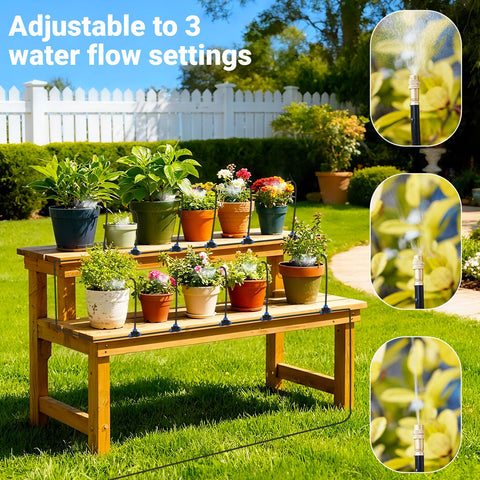 Thiswing brass 360-degree nozzles deliver even coverage for vegetables and pots.