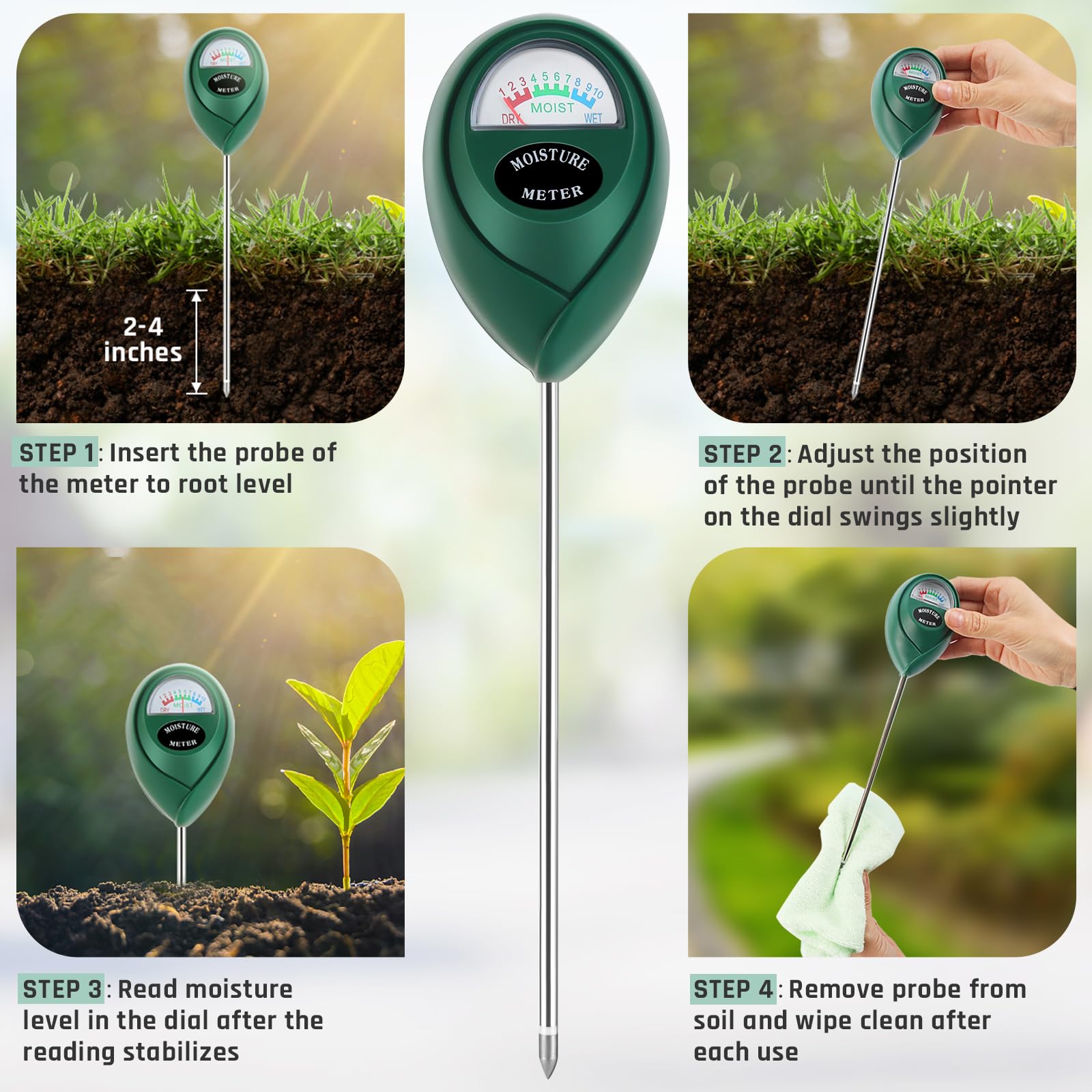 Thlevel moisture meter color dial readings indicate wet, moist, and dry soil.