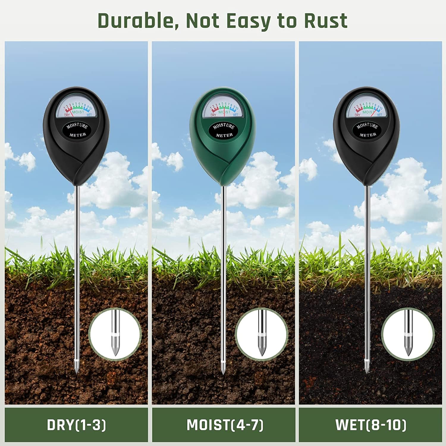 Thlevel device with green and black casing on a plant pot, no batteries needed.