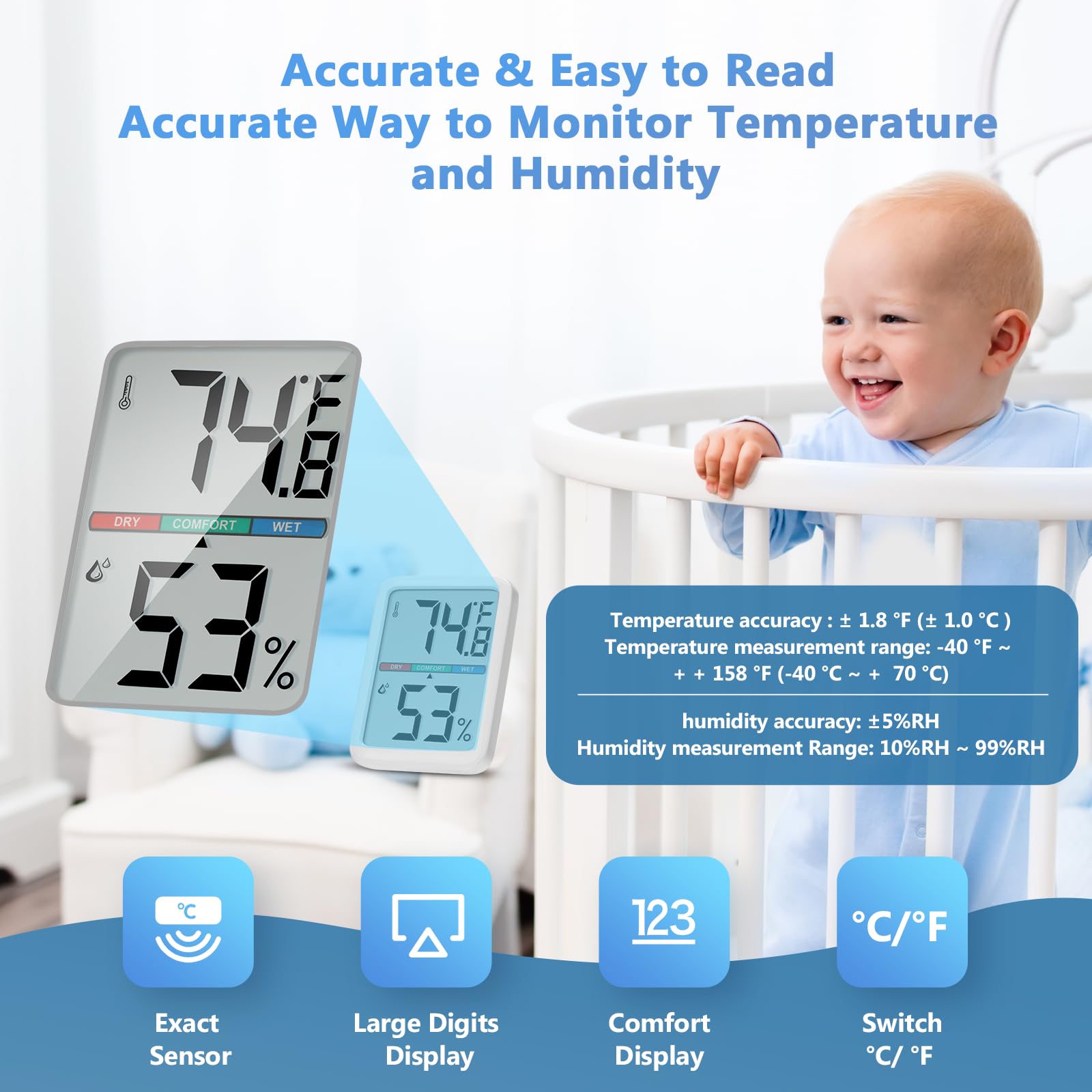 Thlevel thermometer-hygrometer measures wide ranges for versatile indoor monitoring.