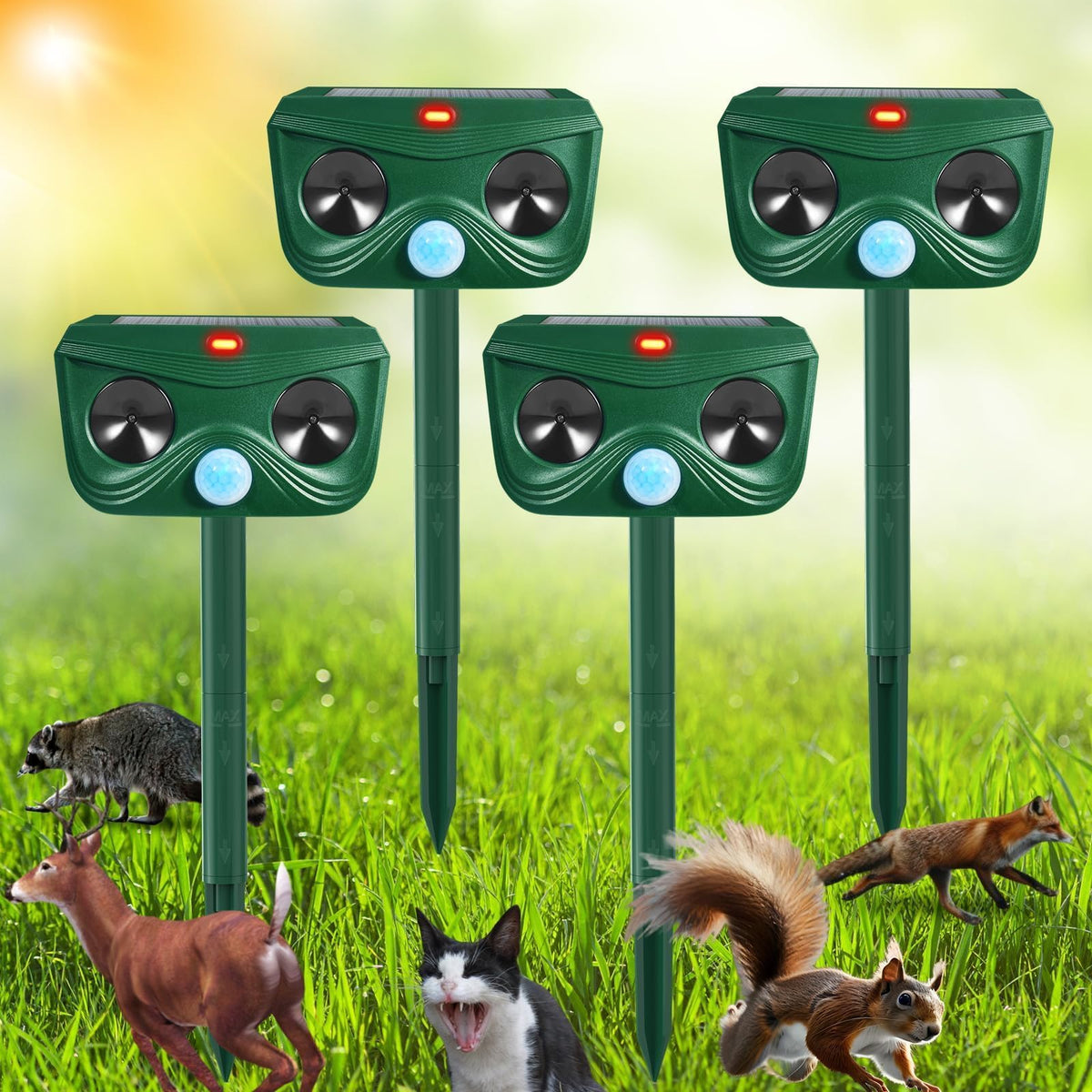 Thoveneth Ultrasonic Animal Repeller front view deters pests safely in gardens.