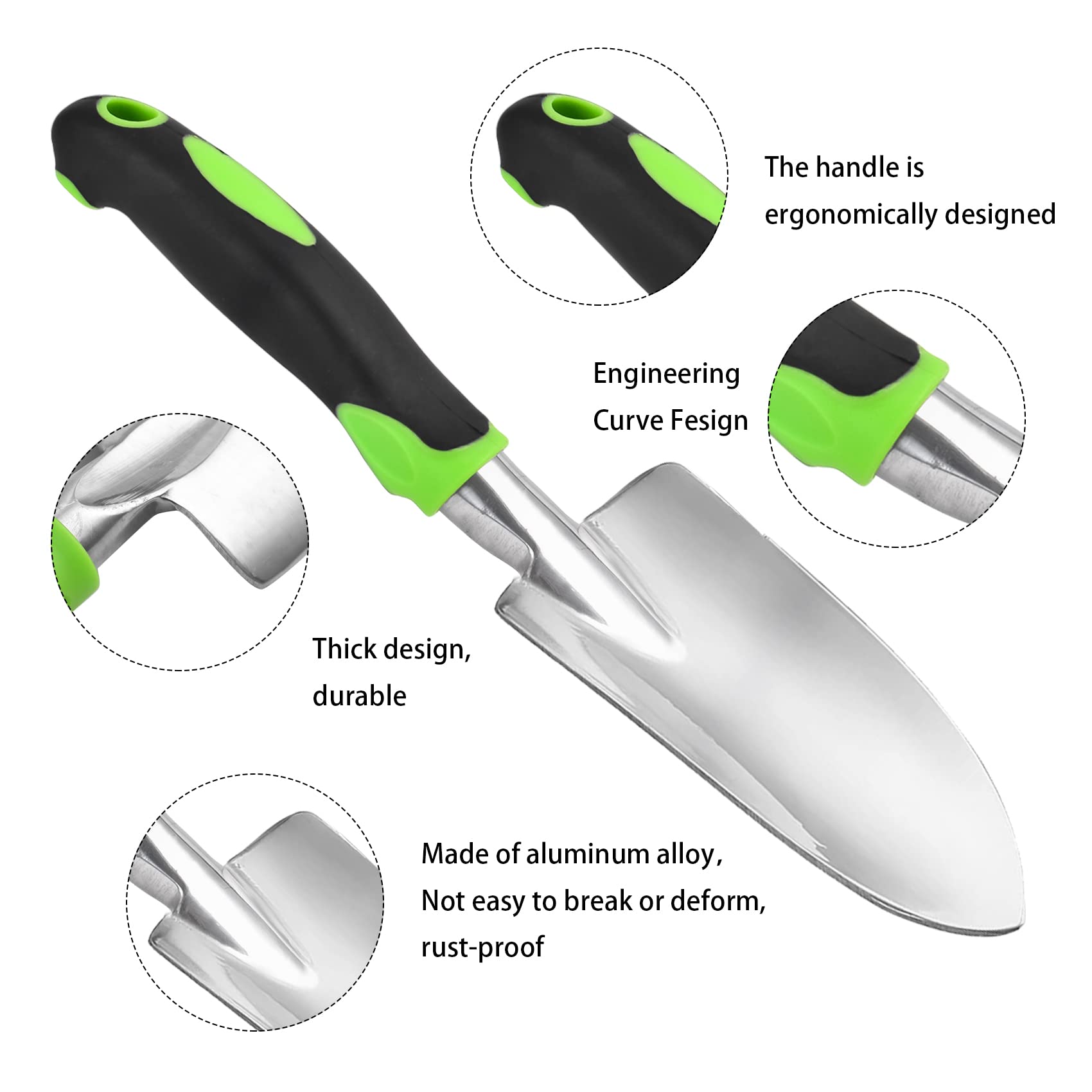 Thovorrnl garden shovel close-up of durable aluminum construction for long-lasting performance.