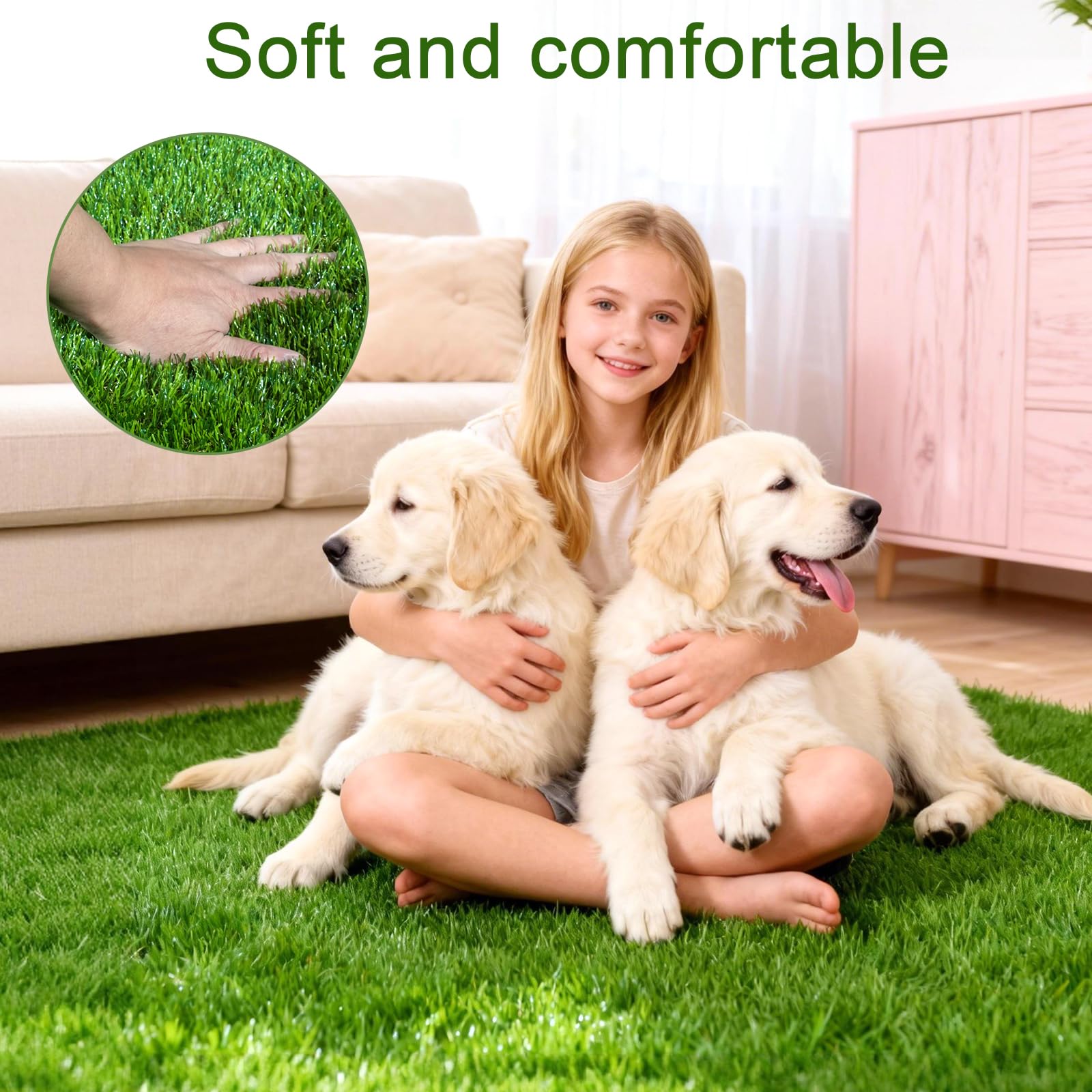 Three Oranges artificial grass mat built-in drainage holes for quick cleanup after spills.