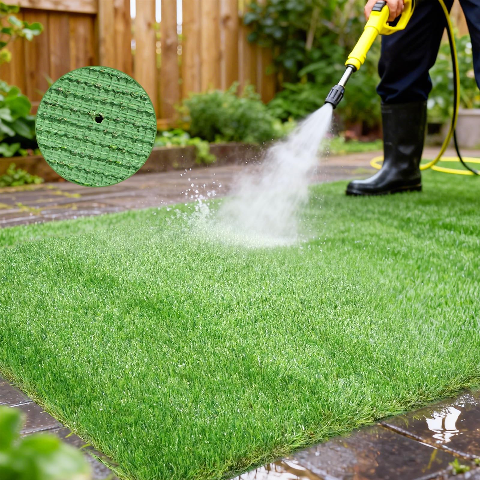 Three Oranges artificial grass mat outdoor patio setting with lush, inviting turf.