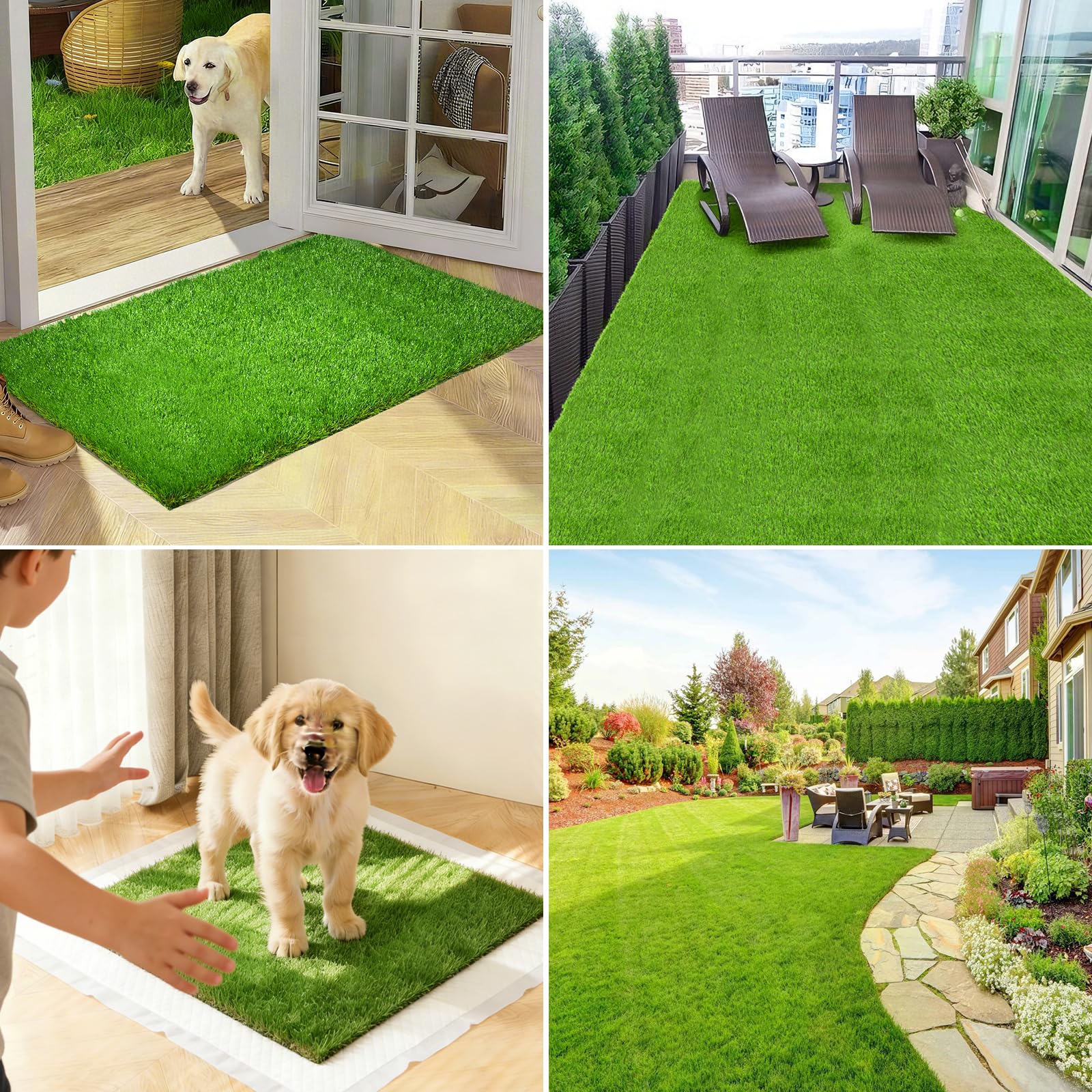 Three Oranges artificial grass mat trim-to-fit capability for custom spaces.