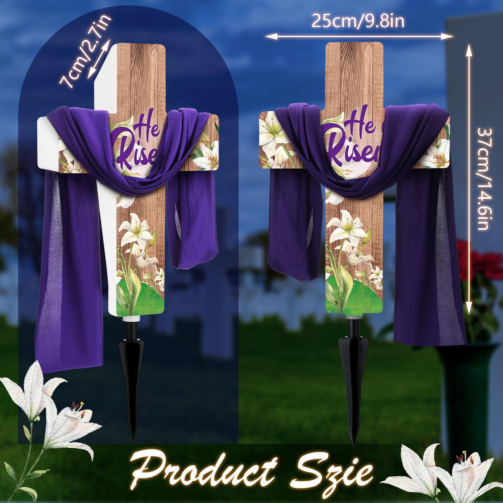 Threehoney cross with purple scarf detail enhances spring yard memorial