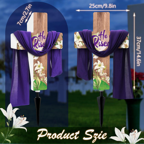 Threehoney cross with purple scarf detail enhances spring yard memorial