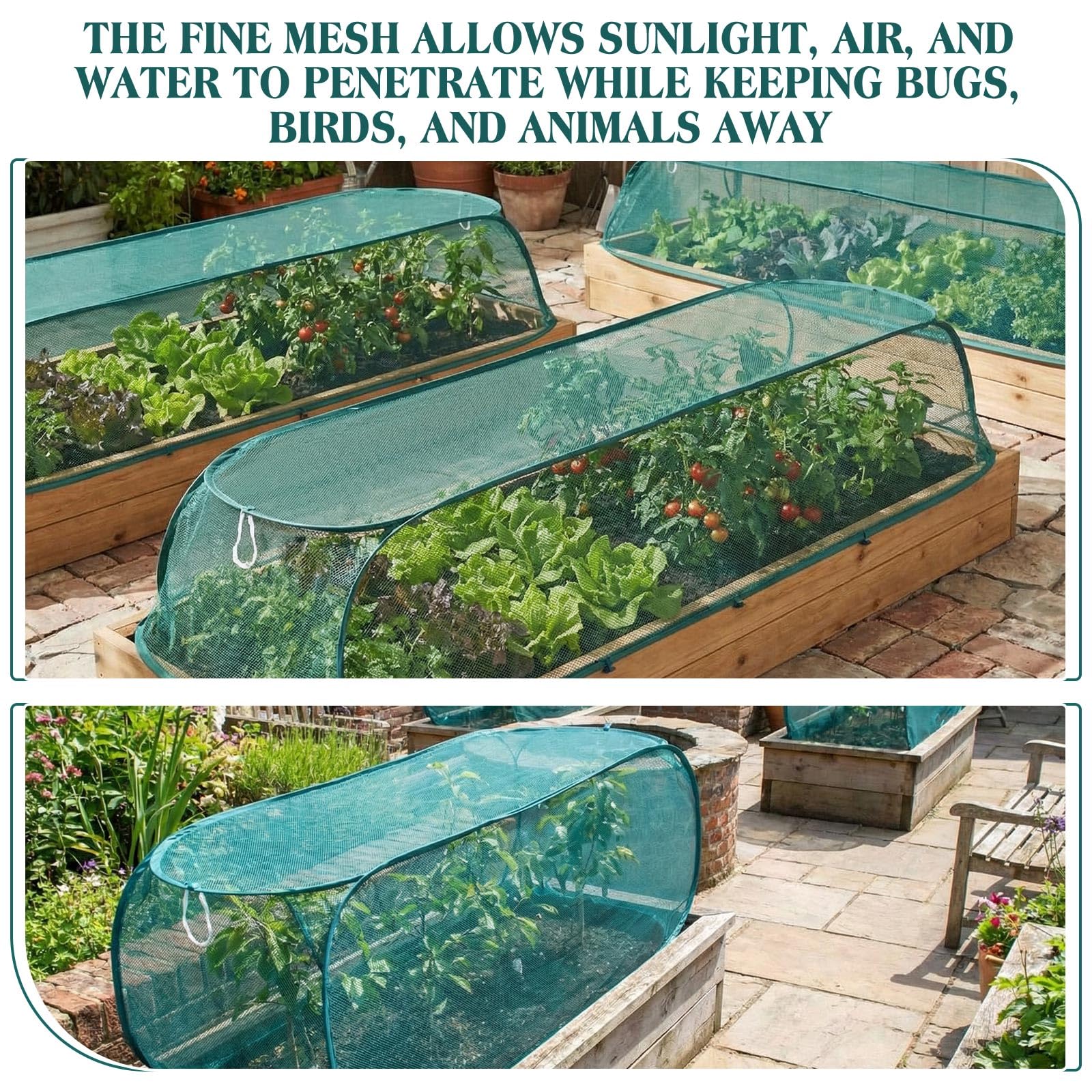 Threehoney dark-green mesh cover blends with garden while protecting crops.