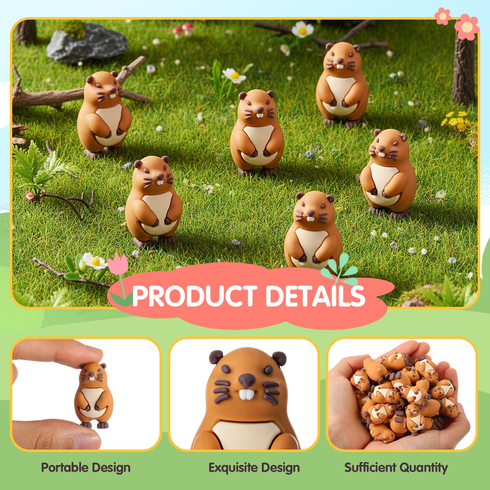 Threehoney brown and white marmot figures in garden diorama setup