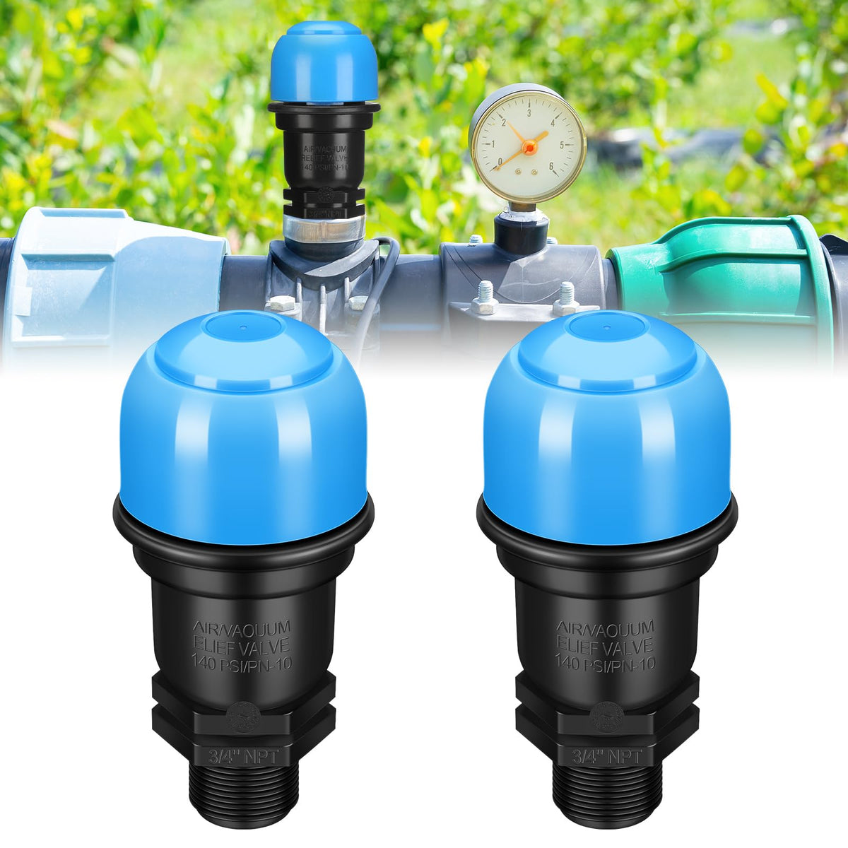 Threlaco 2-pack air release valve 3/4 inch closeup showing durable PP construction for irrigation.