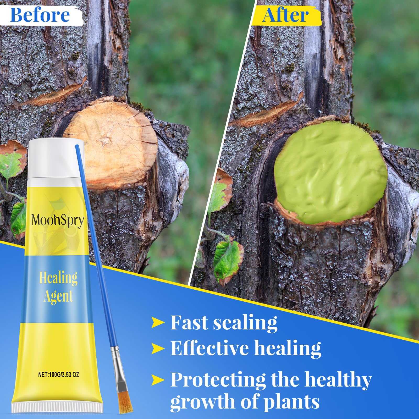 Threlaco bonsai pruning sealer seals wounds, supporting quick surface protection.