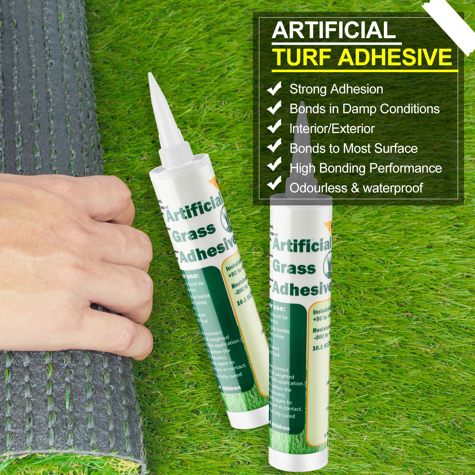 Threlaco turf glue applied to a seam during lawn setup and alignment.