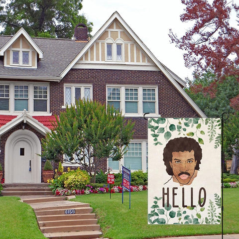 Thriano Hello Funny Garden Flag with burlap-inspired look for rustic yard decor.