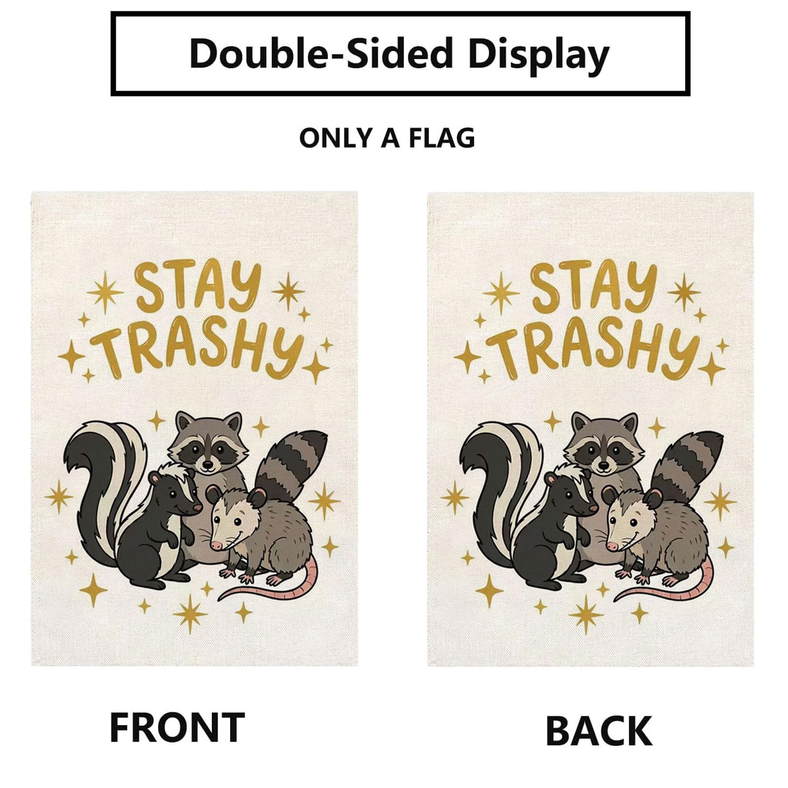 Thriano Stay Tashy Raccoon flag back view with double-sided visibility for garden charm.