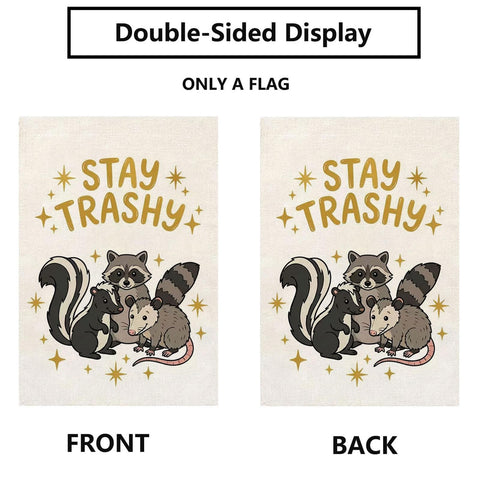 Thriano Stay Tashy Raccoon flag back view with double-sided visibility for garden charm.
