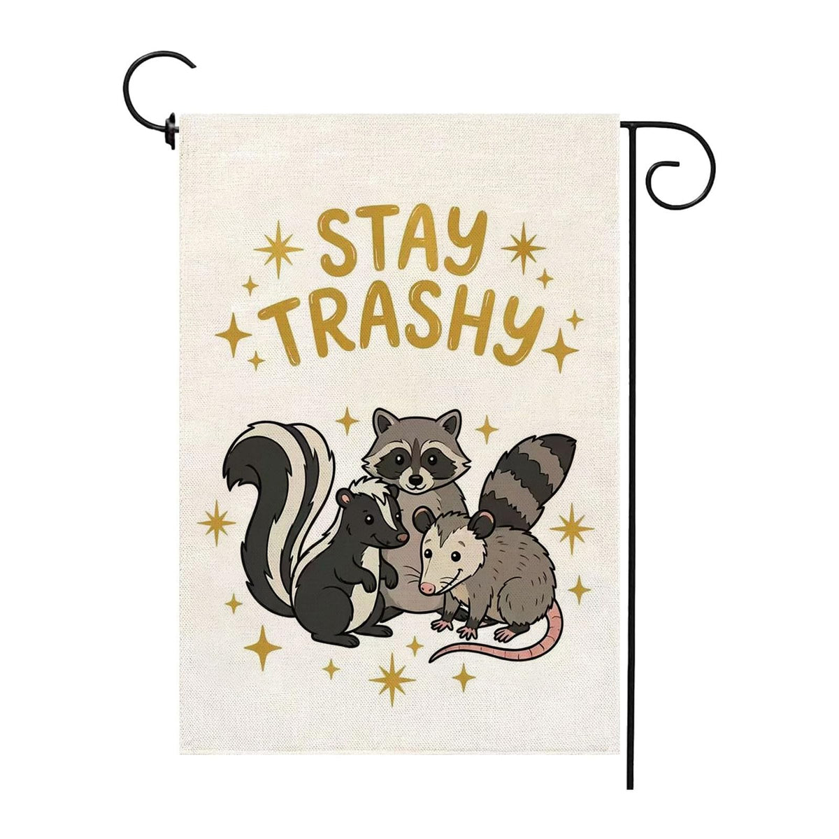 Thriano Stay Tashy Raccoon flag front view for durable outdoor decor on porch.