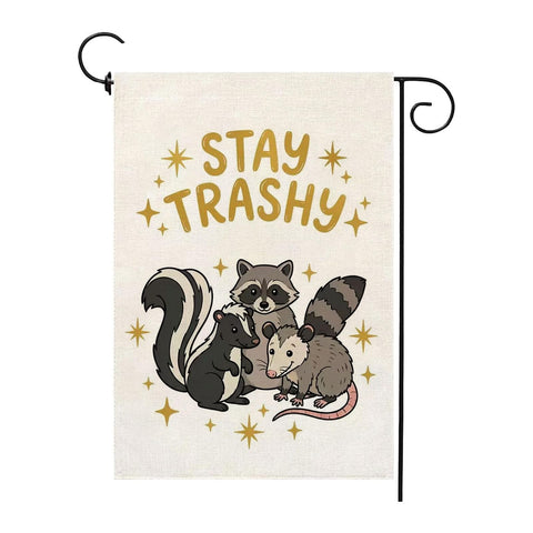 Thriano Stay Tashy Raccoon flag front view for durable outdoor decor on porch.