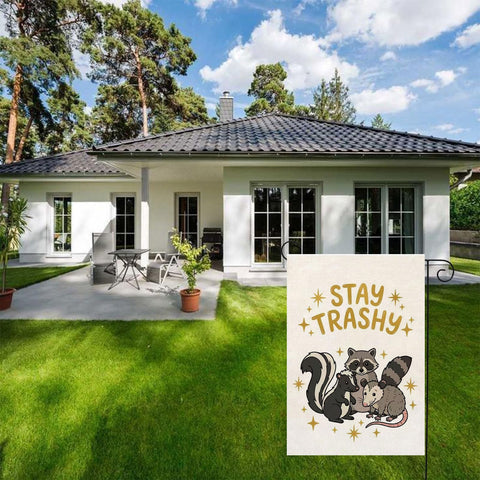 Thriano Stay Tashy Raccoon flag made of durable polyester withstands wind and rain.