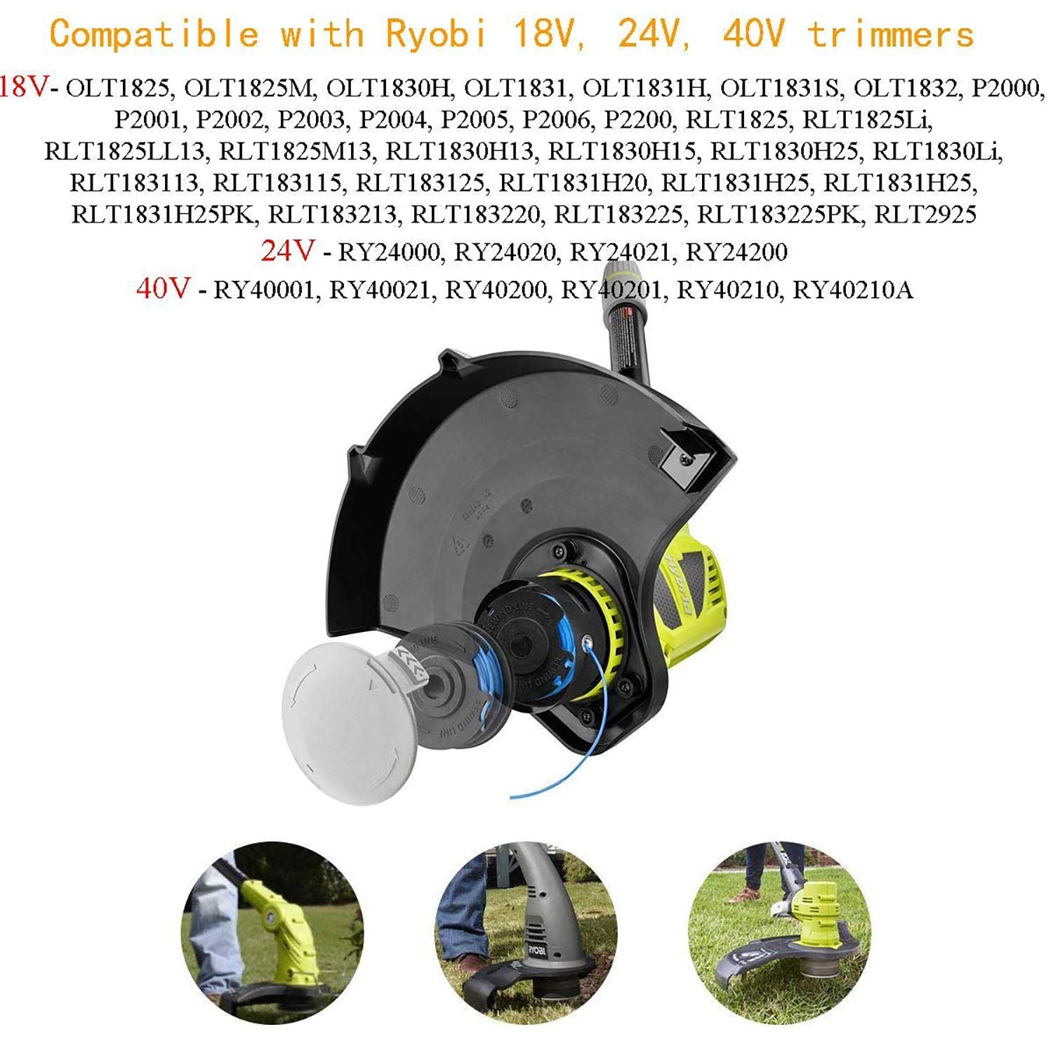 Compatibility with Ryobi 18V/24V/40V trimmers for versatile use.