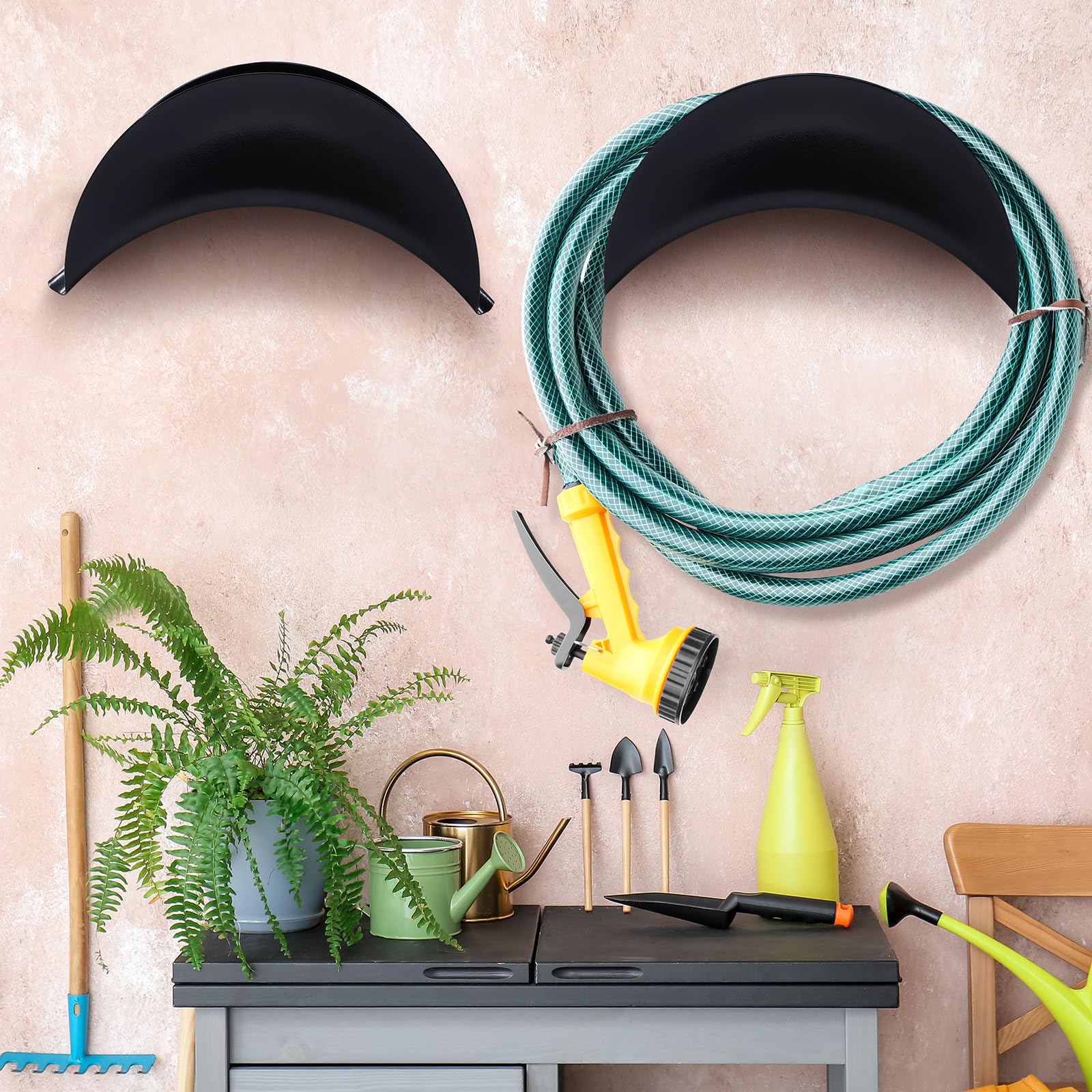 Thyle 6-pack of hose hangers organized for yard workspace