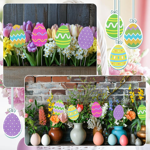 Thyle vibrant Easter egg signs brighten flower beds and pots.