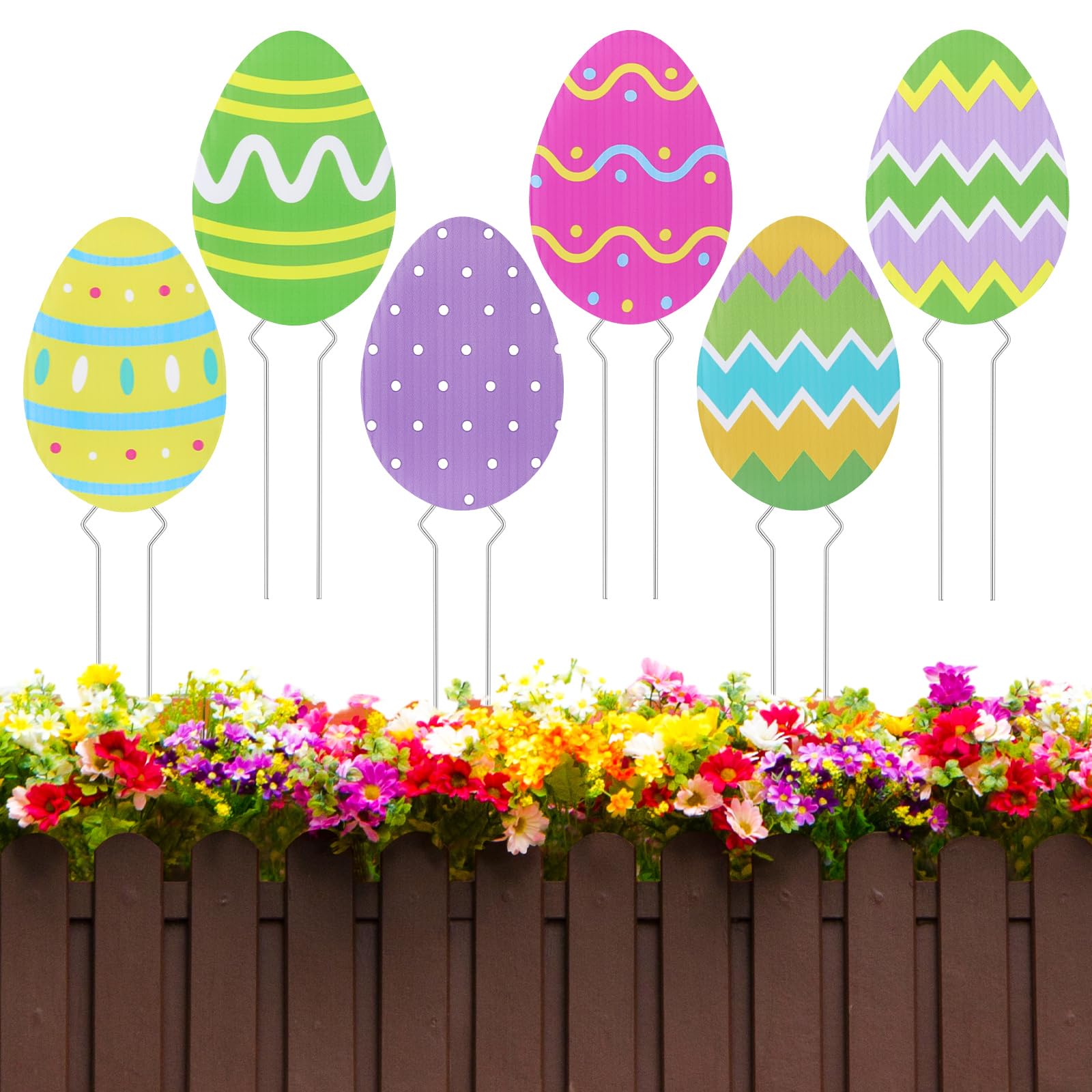 Thyle Easter eggs planter stake set with colorful designs for garden accents.