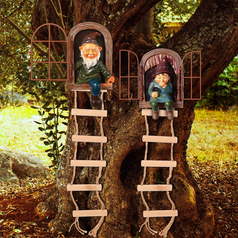 Thyle garden gnomes smiling tree hugger hanging on a branch adds whimsical charm.