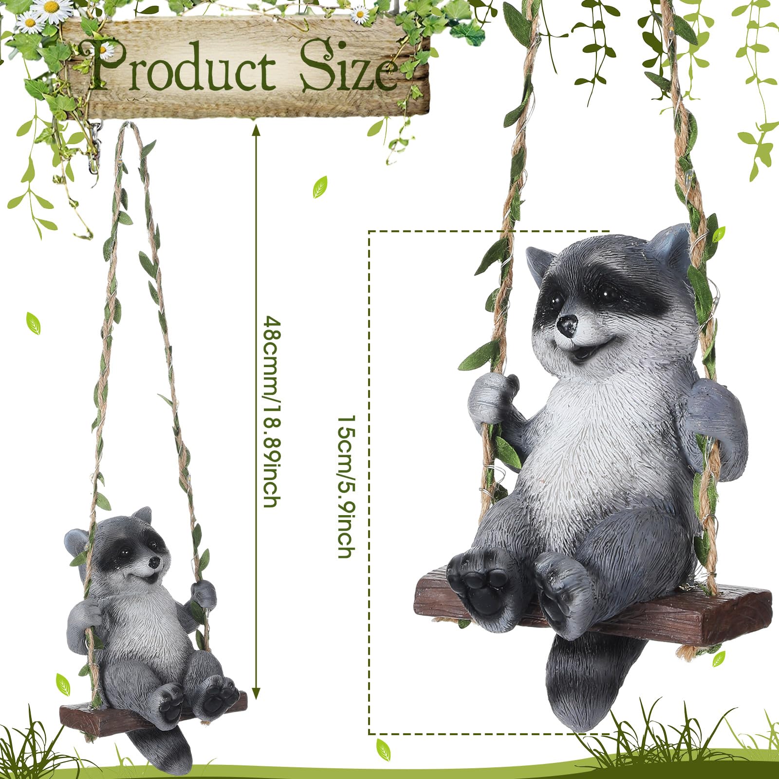 Raccoon statue in resin with vine swing enhances garden decor