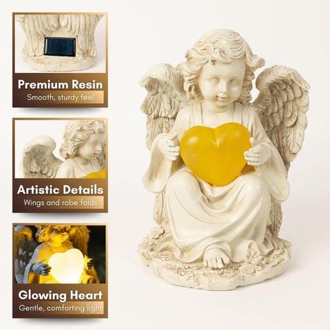 TIALLY garden angel on a sunlit patio emits a soft nighttime glow.