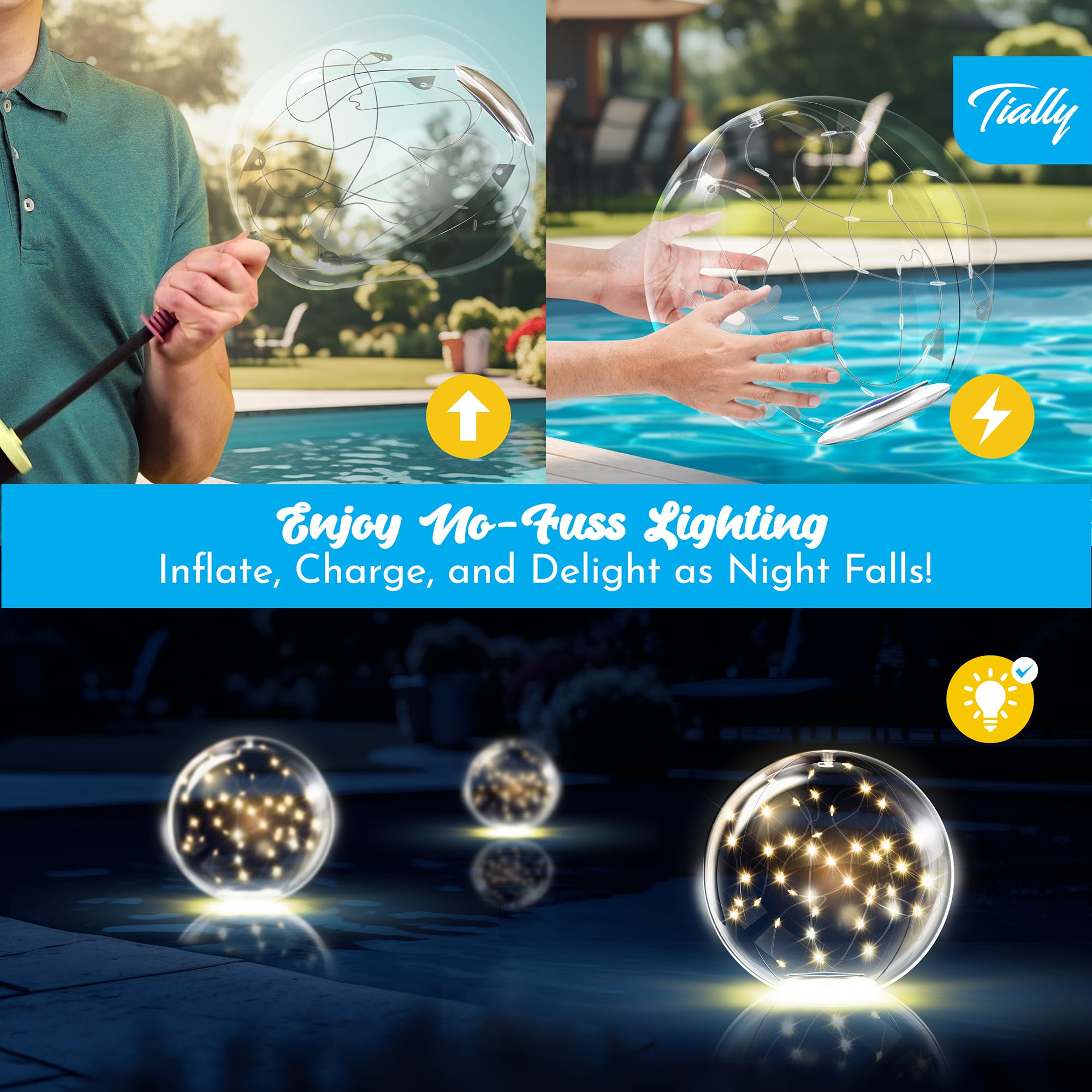 TIALLY durable reinforced PVC glow ball designed for long-lasting poolside decoration.