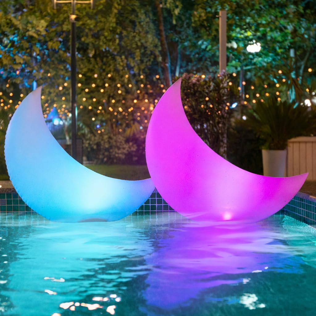 TIALLY floating pool lights with crescent moon design for romantic backyard ambiance.