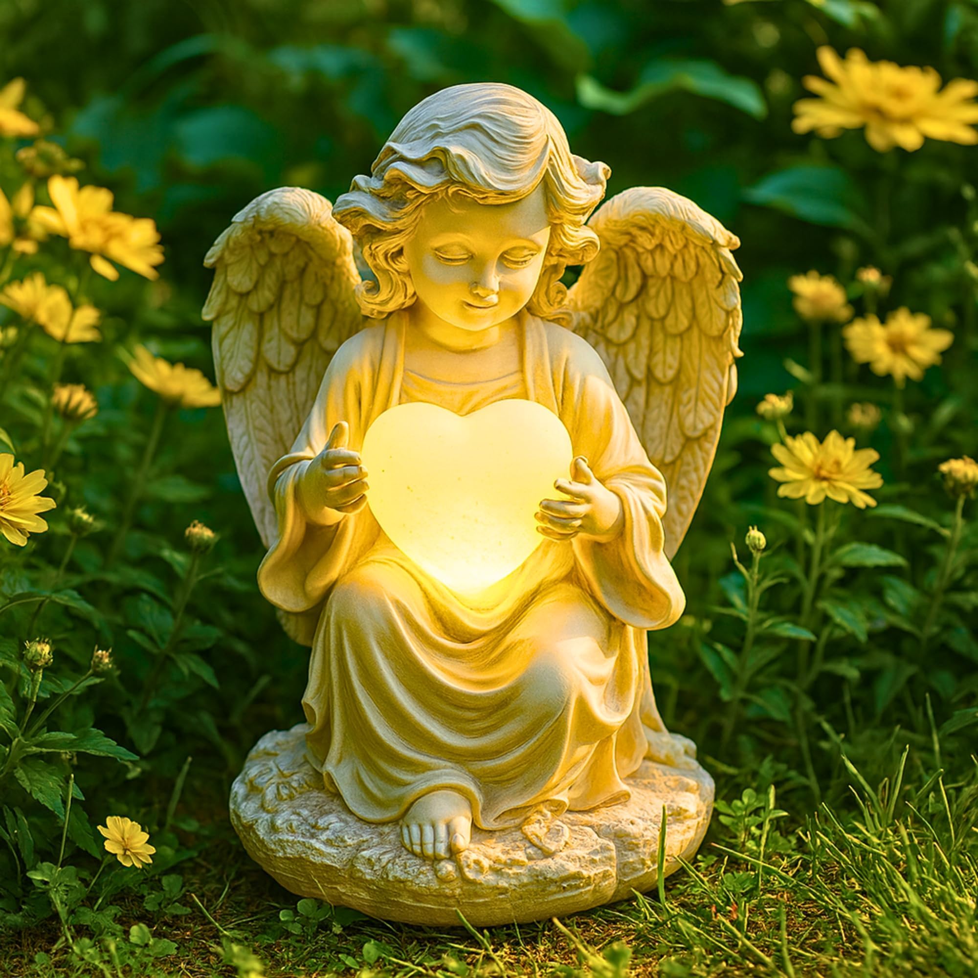 TIALLY solar garden angel statue glows softly at night for peaceful outdoor ambiance.