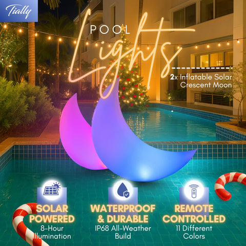 TIALLY solar-powered moon-design pool lights glow automatically after sunset for easy evenings.