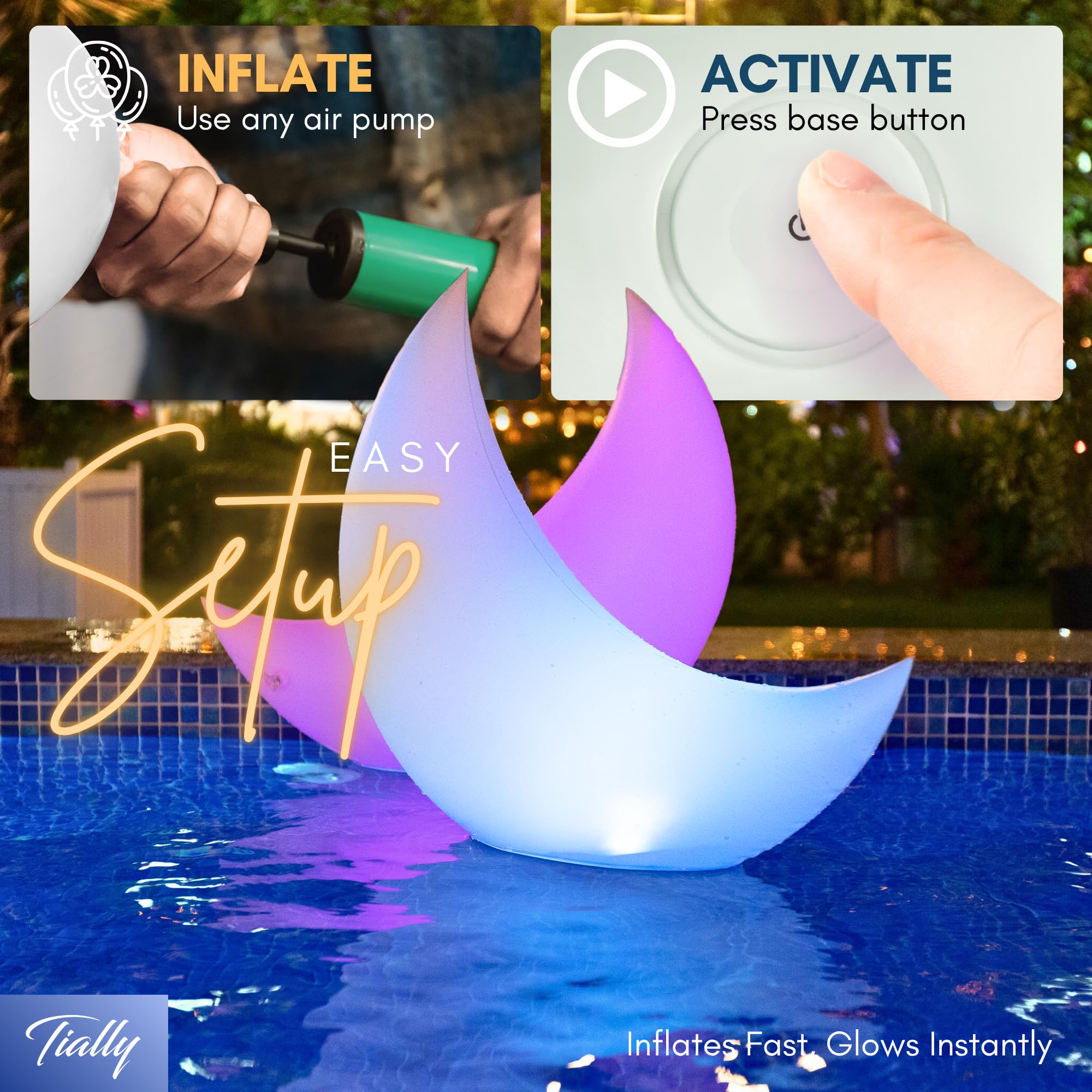 TIALLY waterproof floating lights cycle through 11 colors for festive pool parties.