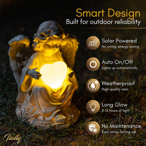 TIALLY weather resistant resin angel statue stands up to rain and sun.