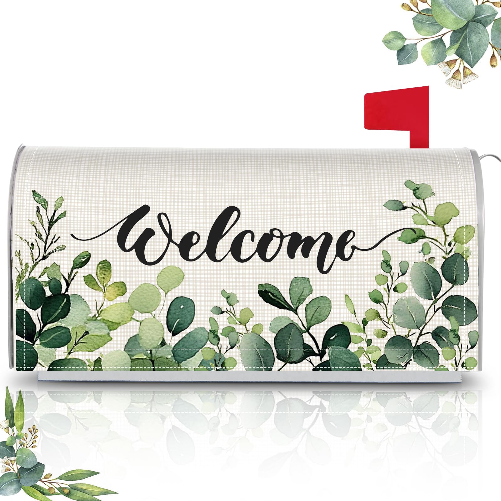 Tiamon eucalyptus mailbox cover with welcome lettering brightens curb appeal and greets visitors.